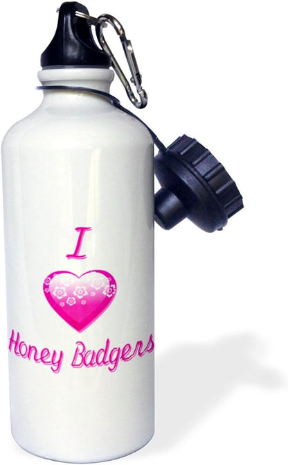 3dRose "Pretty Pink Flowery I Love Honey Badgers" Sports Water Bottle, 21 oz, White