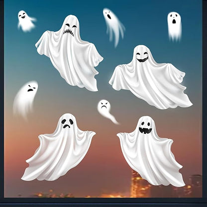 Halloween White Ghost Window Clings Stickers Decoration Horror Ghost Design Halloween Window Cling Decal Double Sided Static Halloween Window Stickers for Halloween Party Supplies Glass Decor