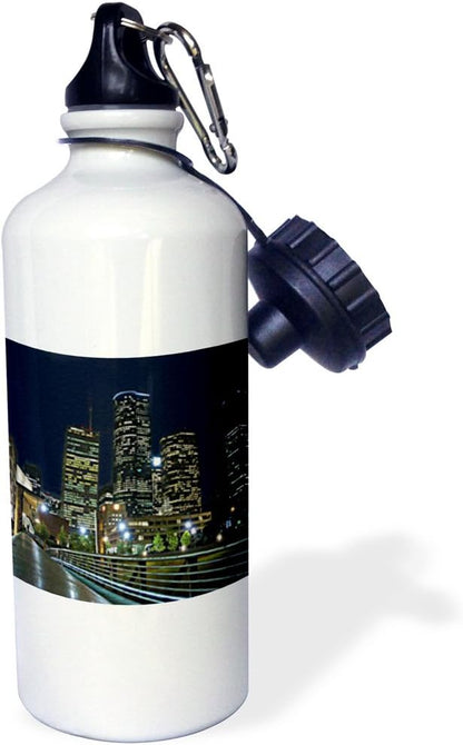 3dRose Houston Downtown Cityscape at Night, Texas, Textured Artwork Photo-Sports Water Bottle, 21oz , 21 oz, Multicolor
