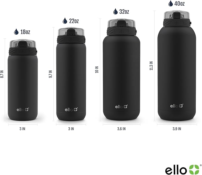 Ello Cooper 40oz Stainless Steel Water Bottle Vacuum Insulated with Straw and Carry Handle, Leak Proof Locking Lid with Soft Silicone Spout, Dishwasher Safe, Bonfire