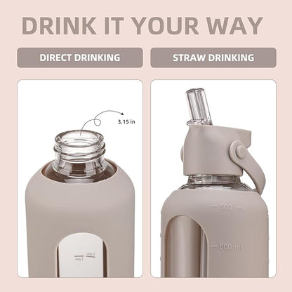 20 oz Glass Water Bottles with Straw Borosilicate Glass Water Bottle with Time Marker Motivational Water Bottles with Silicone Sleeve Leak Proof Reusable BPA Free