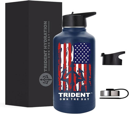 American Flag 64 oz Water Bottle, Reusable Water Bottle with Straw, Leak Proof Water Bottles, 64oz Insulated Water Bottle, Thermos Water Bottle - Retired Navy Vet Small Business (Dark Blue, 64 Oz)