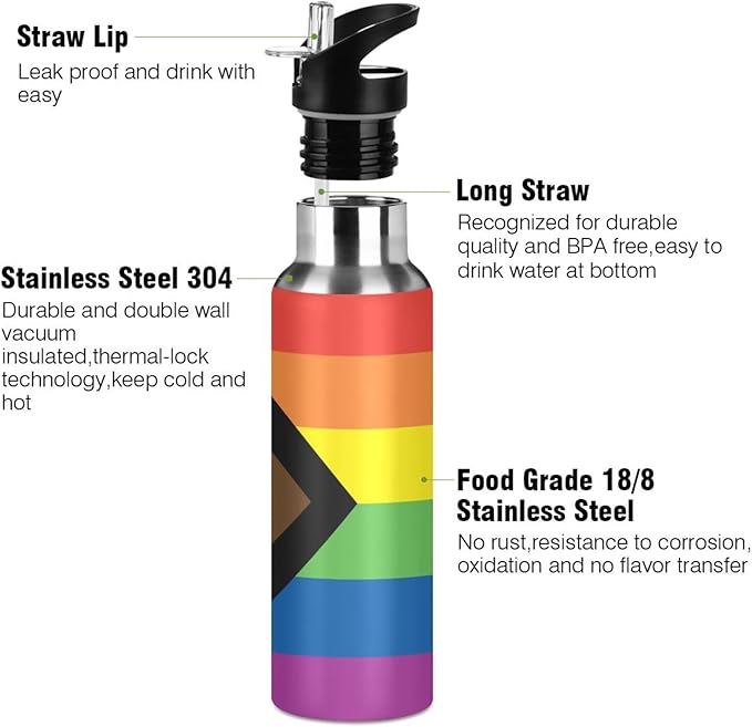 20oz Gay LGBT Progress Pride flag Sports Water Bottle,Double Wall Vacuum Insulated Stainless Steel Lesbian Water Bottle with Straw Keeps Hot＆ Cold, Bike Gym Travel Pride Day Month Gifts