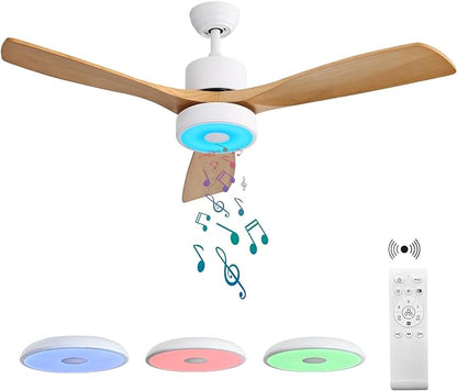 52 Inch Wood Ceiling Fan with RGB Dimming LED Light,with Music Bluetooth Speaker,Remote Control,3-Speed Regulation, Reversible Motor,Timing,for Living Room,Bedroom,Restaurant,Outdoor