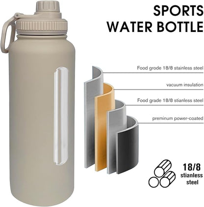 40oz Insulated Water Bottle ，Stainless Steel Sports Water Cup Flask with 2 Lids, Wide Mouth Travel Thermal Mug,Outdoor Sports Bottle（Cream apricot）