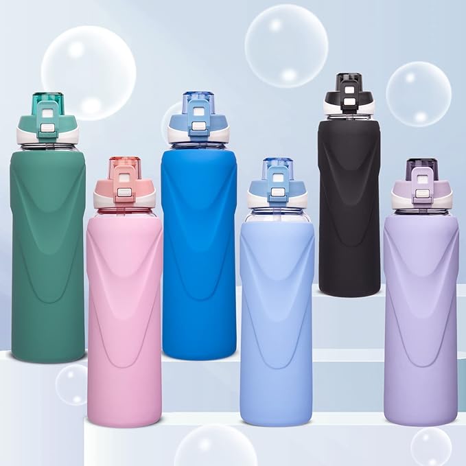 32 oz Sports Glass Water Bottle with Straw & Silicone Sleeve Reusable BPA-free Borosilicate Glass Drinking Bottle with Flip Top Lid & Handle Wide Mouth (Light Violet)