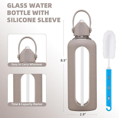 20 oz Glass Water Bottles with Straw Borosilicate Glass Water Bottle with Time Marker Motivational Water Bottles with Silicone Sleeve Leak Proof Reusable BPA Free