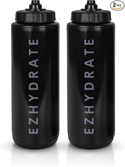 2 Pack Black 32oz Squeeze Water Bottles - Sports Water Bottles For Football, Hockey, Athletics - Reusable Squirt Bottle Set, BPA-Free, Perfect for Gym, Travel, Bike & Cycling Water Bottle