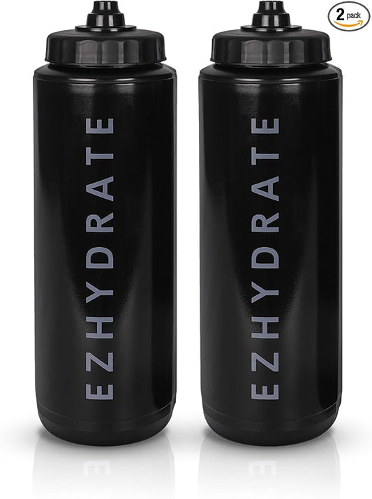 2 Pack Black 32oz Squeeze Water Bottles - Sports Water Bottles For Football, Hockey, Athletics - Reusable Squirt Bottle Set, BPA-Free, Perfect for Gym, Travel, Bike & Cycling Water Bottle