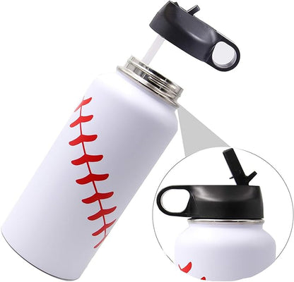 32 oz Baseball Water Bottle, Wide Mouth Sports Flask Metal Travel Tumbler with 2 Lids 18/8 Stainless Steel Double Wall Vacuum Insulated (32oz, White baseball)