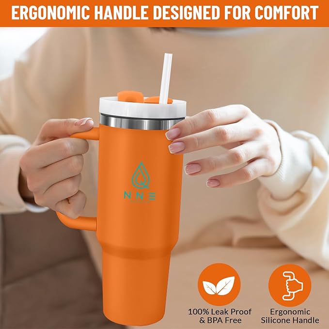 40oz stainless Steel Insulated Tumbler with Handle, lid and straw for cold water, Iced tea, or coffee - 100% Leak-Proof - Cupholder Friendly Travel Mug- Gifts for Women Men Him Her (Orange)