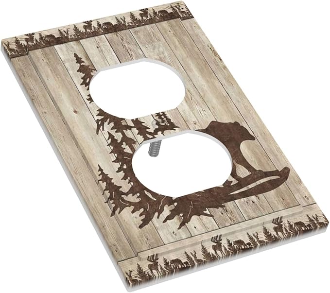 Rustic Wood Bear Forest 1 Gang Outlet Plate Covers Decorative Single Duplex Wall Plate Vintage Cabin Electrical Receptacle Light Switch Cover Art Faceplate Switchplate for Farmhouse Bedroom Decor