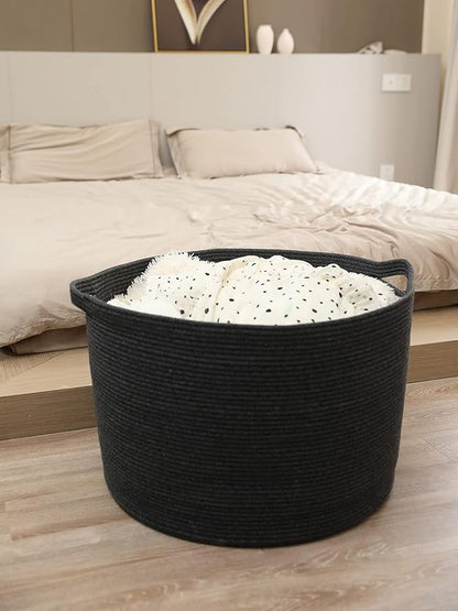 24" x 24" x 17" Max Size Large Cotton Rope Basket, Extra Large Storage Basket, Woven Laundry Hamper, Cloth Storage Bin, for Blankets Clothes Towels Pillows in Living Room, All Black Grey Mix