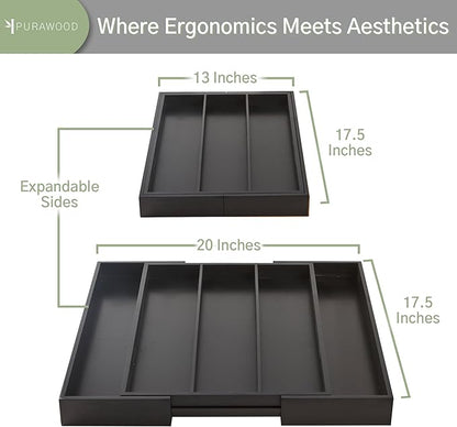 Purawood - Large Premium Bamboo Silverware Organizer - Expandable Kitchen Drawer & Utensil Organizer, 17.5" x 19.75" Cutlery Tray with Drawer Dividers for Kitchen Flatware (3-5 Slots) (Black)