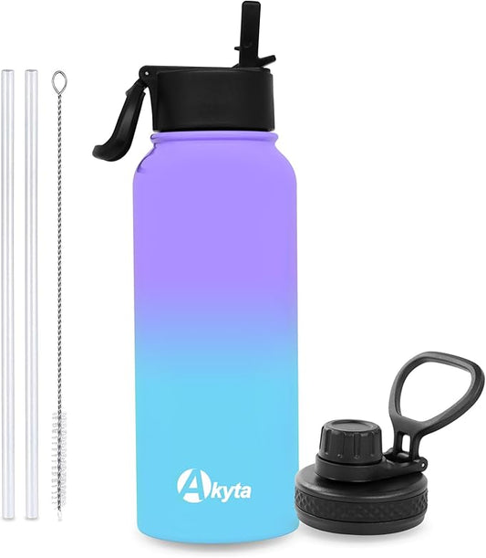 32 OZ Water Bottle, Sports Water Bottle with Straw Lid, Vacuum-Insulated Stainless-Steel, Keep Water Cold/Hot, Double-walled Metal Thermos Water Bottles (32 OZ, Purple Blue)