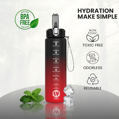 1L Water Bottle with Straw - Leak-Proof & BPA Free Reusable Sports Bottle - Motivational Time Markings for Hydration Durable Drink Bottle for Gym, Sports, Outdoor (Black and Red)
