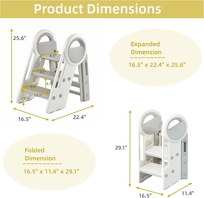 Nisorpa Foldable 3 Step Stool, Adjustable Step Stool, Toddler Helper Stool with Handles, Non-Slip Toilet Potty Training Stool, Plastic Ladder for Bathroom Sink Kitchen (3 & 2 Step Adjustment)