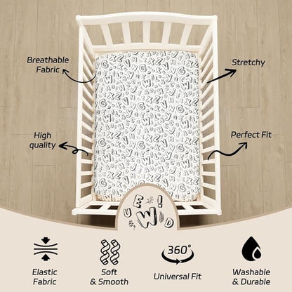 4 Pack Fitted Pack N Play Sheets for Baby Boys Neutral Unisex Breathable Soft Toddler Mini Crib Sheets for Pack and Play Mattress (Letter Print)