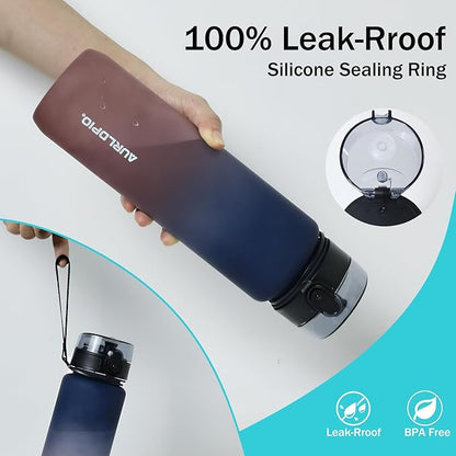 32oz/1L Water Bottle, Sports Water Bottle with Times to Drink & Lock Cover+Strainer,BPA-Free, Leakage Proof, Sports Drink Bottle for Bicycle, Outdoor, Gym, School, Reusable Daily(Blue-Red)