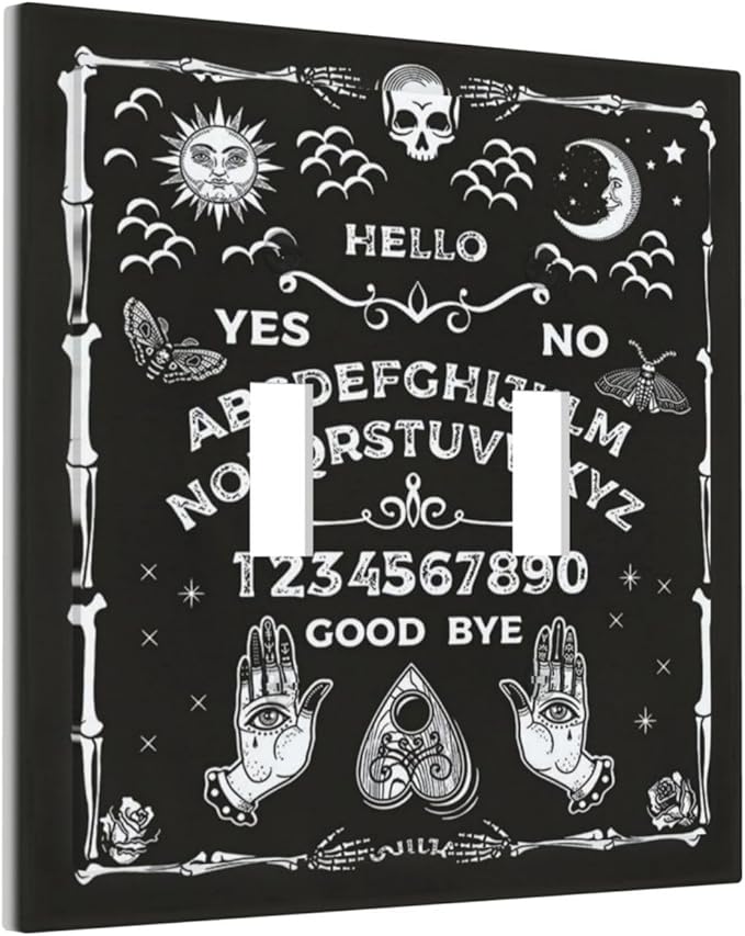 Black Witchy Skeleton Skull Gothic Sun Moon Double Toggle Novelty Light Switch Covers Decorative Unique 2 Gang Wall Plate Dual Electrical Faceplate Switchplate for Bathroom Living Room Decor