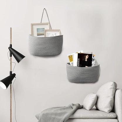 TeoKJ 2 Tier Over the Door Organizer, Wall-Mounted Storage Hanging Basket, Decorative Cotton Rope Hanging Baskets, Gray