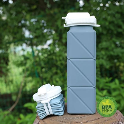 620ml Silicone Foldable Water Bottle with Straw Lid - Lightweight, Reusable, & Leakproof for Travel, Camping, Hiking, & Sports (BLUE)