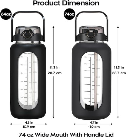 74 oz Glass Water Bolttles with Straw Large Motivational Water Bottle with Time Marker Sports Water Bottles with Silicone Sleeve and Handle Lid 2.2L Water Jug for Gym Workout