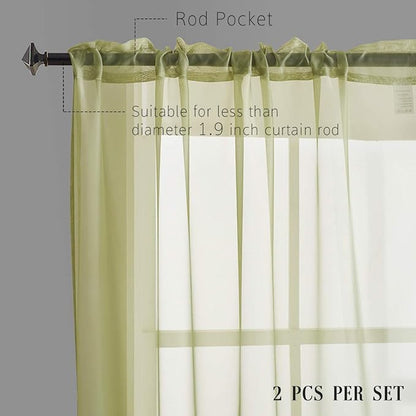 Green Sheer Curtains 95 Inch Length 2 Panels for Living Room/Bedroom/Canopy Window Rod Pocket Sage Green Sheer Curtains 52x95