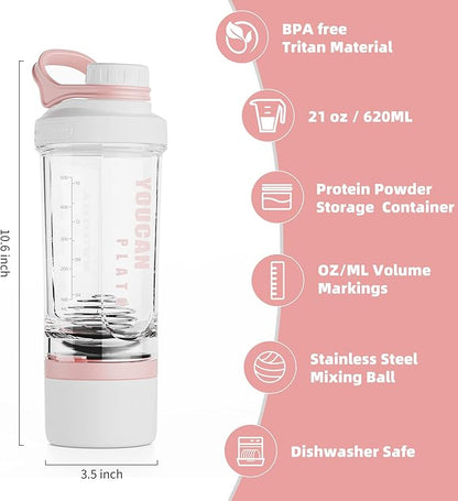 21oz Protein Shaker Bottle with Powder Storage Container-Shaker Cups for Protein Shakes-pre workout bottle-Mixer Cup-Gym Sport Water Bottle -Made with Tritan BPA Free,with Wire Whisk Balls,Pink