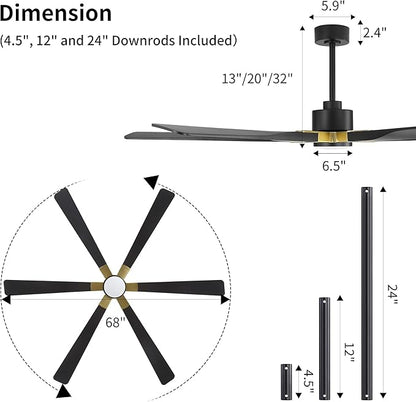 68 Inch Ceiling Fan with Lights and Remote Control, 6 Reversible ABS Blades, 6-Speed Noiseless DC Motor with 4.5" / 12" / 24" Downrods for Bedroom Dining Living Room, Gold and Black