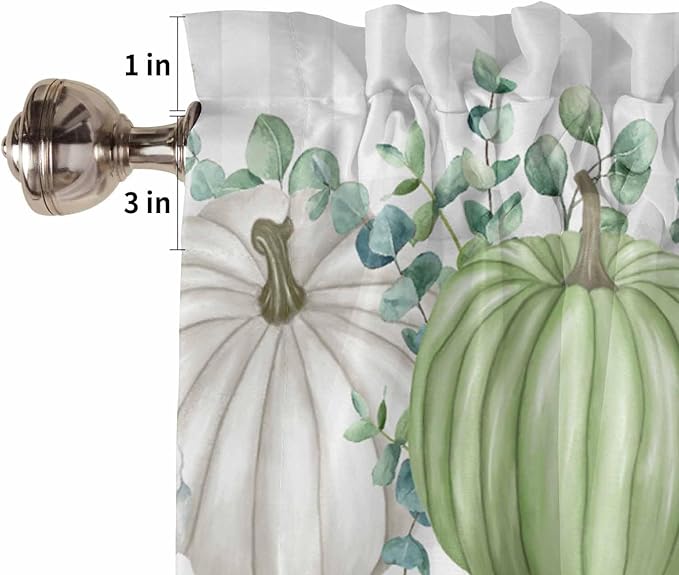 Fall Thanksgiving Kitchen Curtains Valances for Windows Autumn Pumpkins Eucalyptus Leaves Rod Pocket Window Treatment for Kitchen /Living Room/Bedroom/ Bathroom, 54" X 18", White Blue Green Gray Plaid