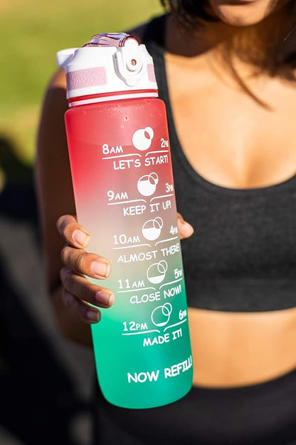 Prometheuz 32oz Water Bottle with Straw, Motivational Water Bottle with Time Marker, Water Bottles Leakproof & BPA-Free for Sports, Work and Fitness Rose Mint