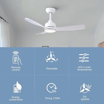 42-Inch White Ceiling Fan with Light - Remote Control, 3 Color Changing, Dimmable, Reverse Rotation - Quiet, 6 Speeds - Ideal for Living Room, Bedroom, Balcony