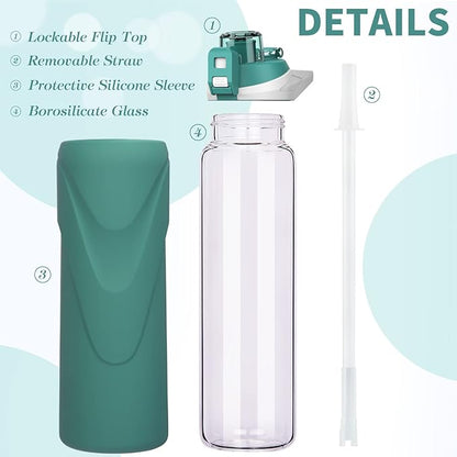 32 oz Sports Glass Water Bottle with Straw & Silicone Sleeve Reusable BPA-free Borosilicate Glass Drinking Bottle with Flip Top Lid & Handle Wide Mouth (Deep Green)
