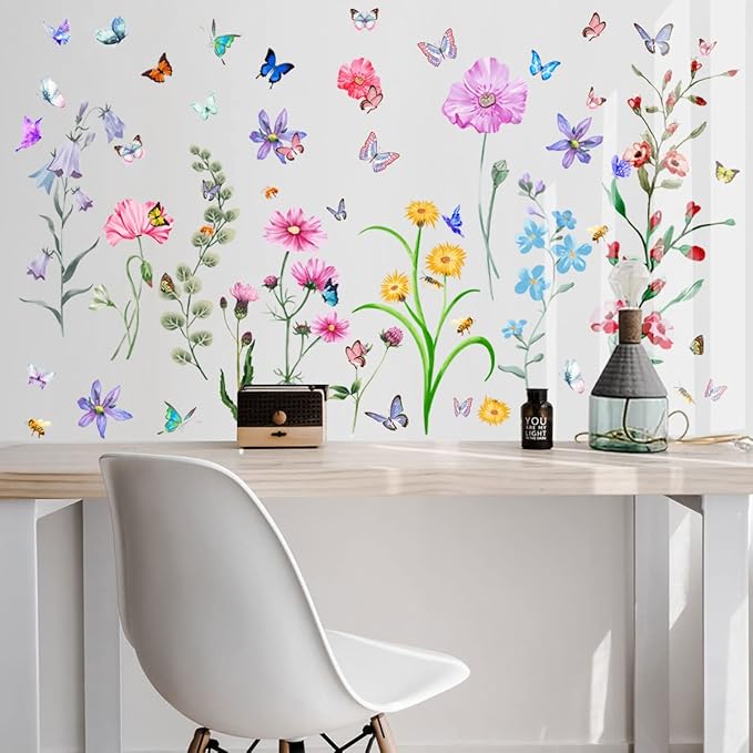 Large Flower Wall Decals,Vinyl Butterfly Wildflower Wall Stickers, Removable Wall Murals Peel and Stick Floral Wall Art Decor Wallpaper for Living Room Bedroom Kitchen Office