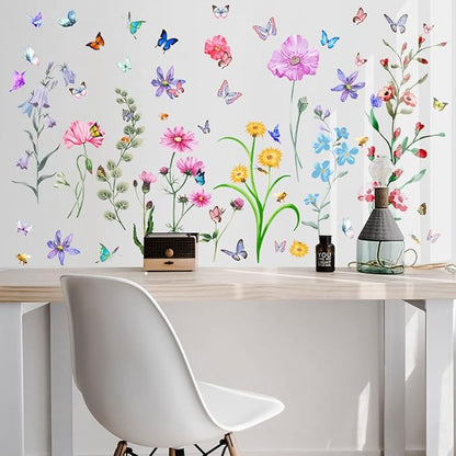 Large Flower Wall Decals,Vinyl Butterfly Wildflower Wall Stickers, Removable Wall Murals Peel and Stick Floral Wall Art Decor Wallpaper for Living Room Bedroom Kitchen Office