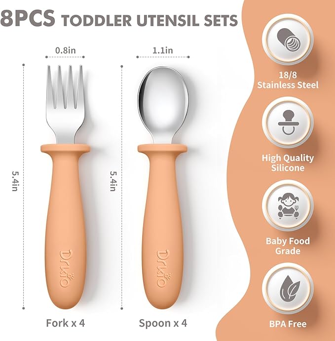 8 Pieces Toddler Utensils Set - Kids Silverware Set with Silicone Handle Children Safe 18/8 Stainless Steel Forks and Spoons Anti-Choke Design Food Grade Dishwasher Safe