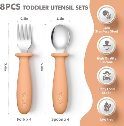8 Pieces Toddler Utensils Set - Kids Silverware Set with Silicone Handle Children Safe 18/8 Stainless Steel Forks and Spoons Anti-Choke Design Food Grade Dishwasher Safe