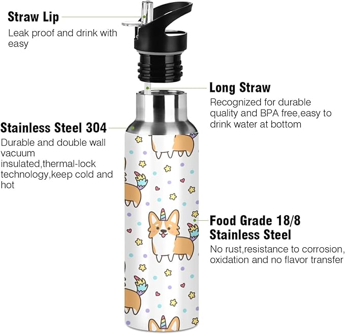 Blueangle 20oz Elsh Corgi Water Bottle, BPA Free Stainless Steel Water Bottle Leak-Proof Sports Bottle for Camping Workouts Gym and Outdoor Activity