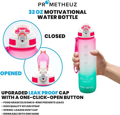 Prometheuz 32oz Water Bottle with Straw, Motivational Water Bottle with Time Marker, Water Bottles Leakproof & BPA-Free for Sports, Work and Fitness Pink Mint