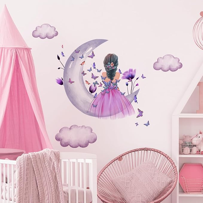 Fairy Girl Wall Sticker Moon Butterfly Fairy Girl Wall Decals Removable Wall Decals Waterproof Wall Mural for Kids Nursery Bedroom