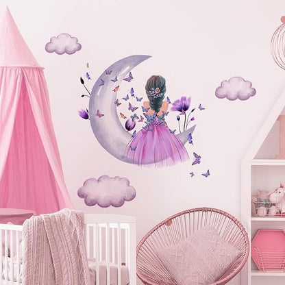 Fairy Girl Wall Sticker Moon Butterfly Fairy Girl Wall Decals Removable Wall Decals Waterproof Wall Mural for Kids Nursery Bedroom