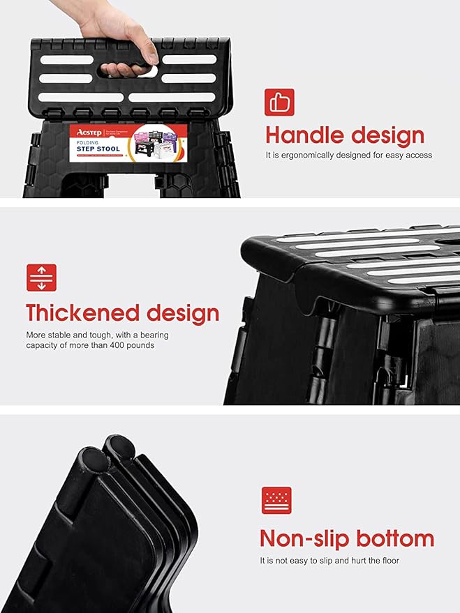 ACSTEP 13“ Folding Step Stool for Adults 1 Pack,Holds Up to 330 lbs, Thicken Plastic Folding Step Stool is Sturdy Enough to Support Adults and Safe Enough for Kids .Black