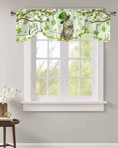 Lucky Cat St. Patrick's Day Blackout Tie Up Valance Curtains for Kitchen Windows Green Spring Shamrocks Tree Window Toppers Balloon Shades for Living Room/Bathroom/Bedroom,1 Panel, 60" X 18"