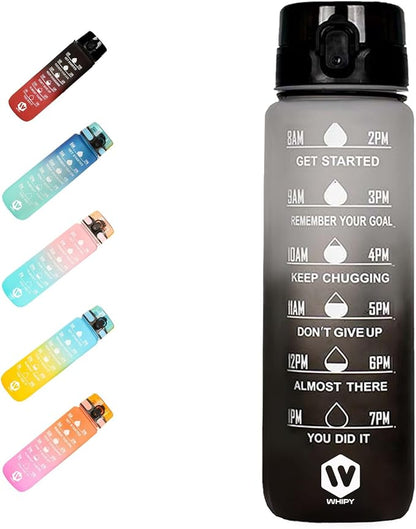 32 oz Water Bottle with Time Marker- Leak-Proof & BPA Free Reusable Gym Water Bottle - Easy to Carry Motivational Water Bottle for Fitness, Sports, Outdoor, Cycling, School (Black & White)