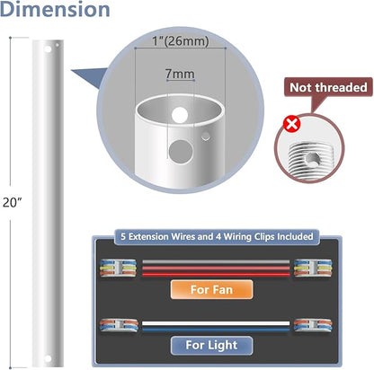 20" Ceiling Fan Downrod, 【1 Outside Diameter】 Matte White Extended Downrod, including 4 Wire Connectors and 5 Extension Wires (No Threads)