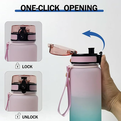 32oz/1L Water Bottle, Sports Water Bottle with Times to Drink & Lock Cover+Strainer,BPA-Free, Leakage Proof, Sports Drink Bottle for Bicycle, Outdoor, Gym, School, Reusable Daily (Pink-blue)