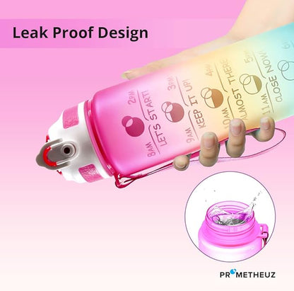 PROMETHEUZ Sports Water Intake Reminder Bottle with Time Marker and Straw, Leakproof Tritan BPA-Free, Fast Flow, Pink Yellow Mint, 32 oz