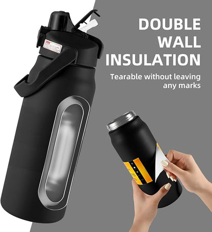 50oz/1.5L Insulated Sports Water Bottle, Stainless Steel Double Wall Water Jug with Handle, 2-in-1 Chug Spout and Straw Lid with Lock Cover for School, Outdoor, Sports & Travel, Black
