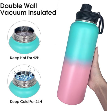 4pack 40 oz Insulated Water Bottle With Straw, Stainless Steel Sports Water Cup Flask with 2 Lids, Wide Mouth Travel Thermal Mug,Pink gradient